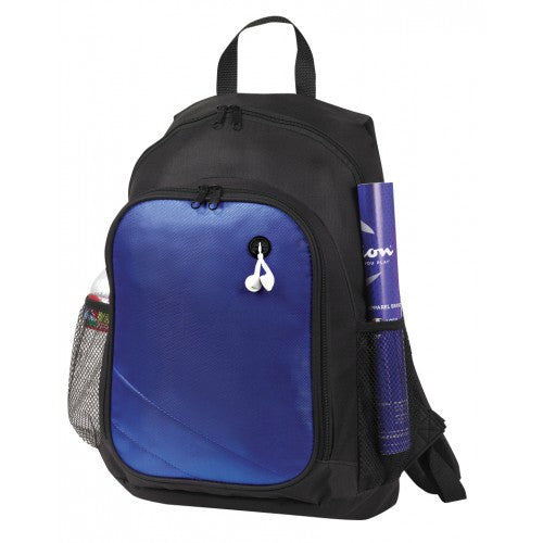 Black and blue backpack with a water bottle USA