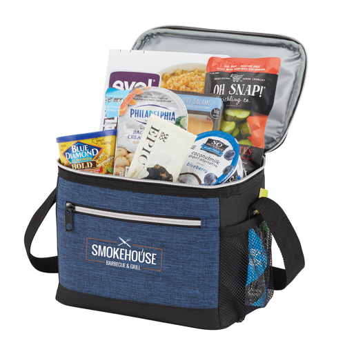 blue lunch cooler duffel bag with snacks items