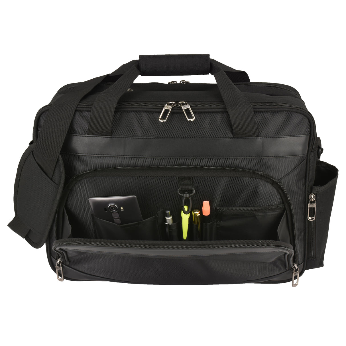 Black briefcase with top grab handle for office use