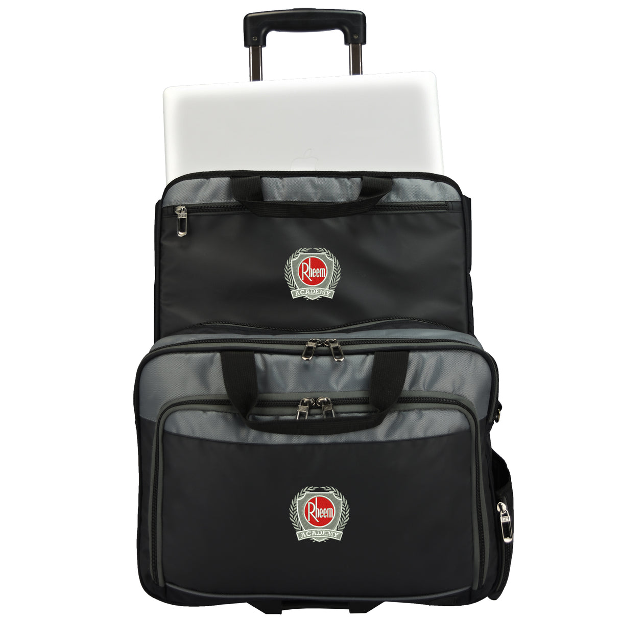 Black and gray rolling wheeled suitcase with laptop sleeve