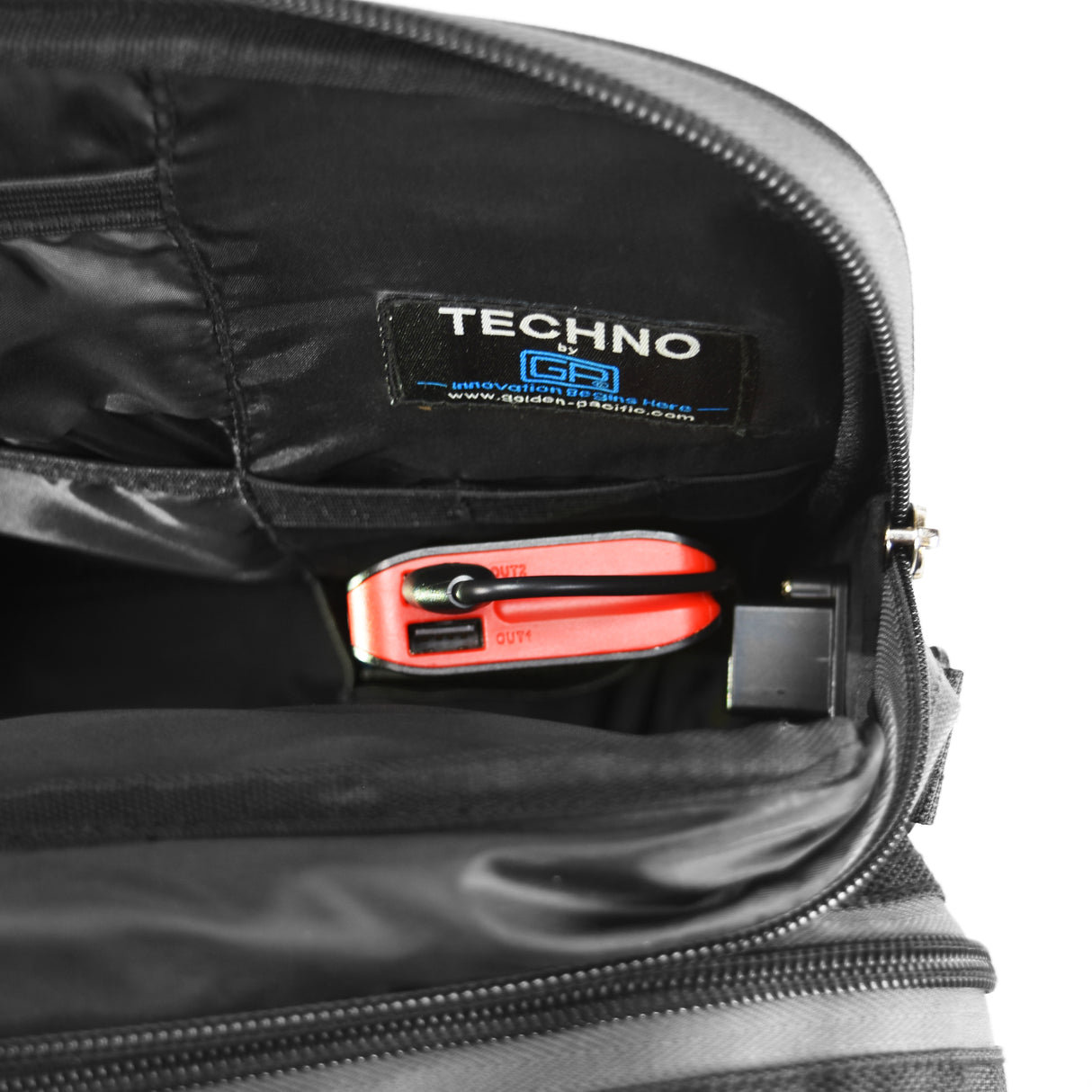 Black and gray rolling wheeled suitcase with pocket