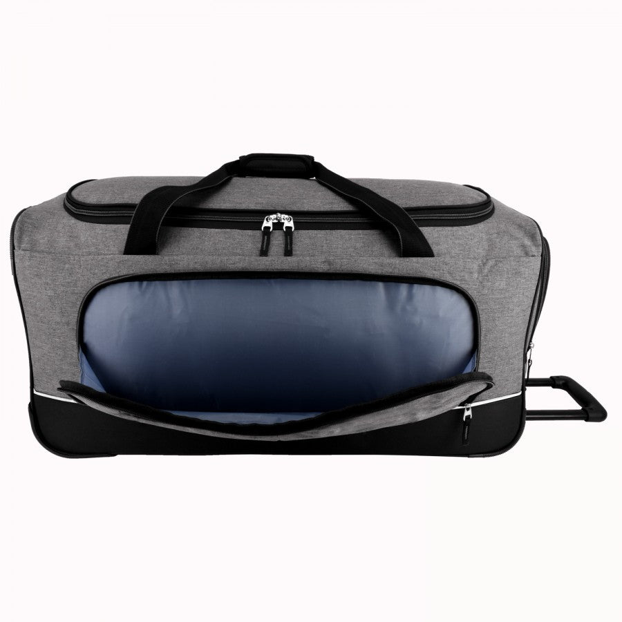 Gray wheeled travel duffel bag with compartments