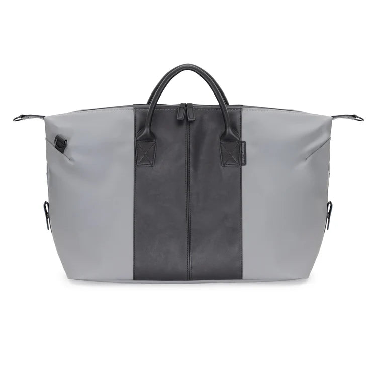 Gray and black duffel bag