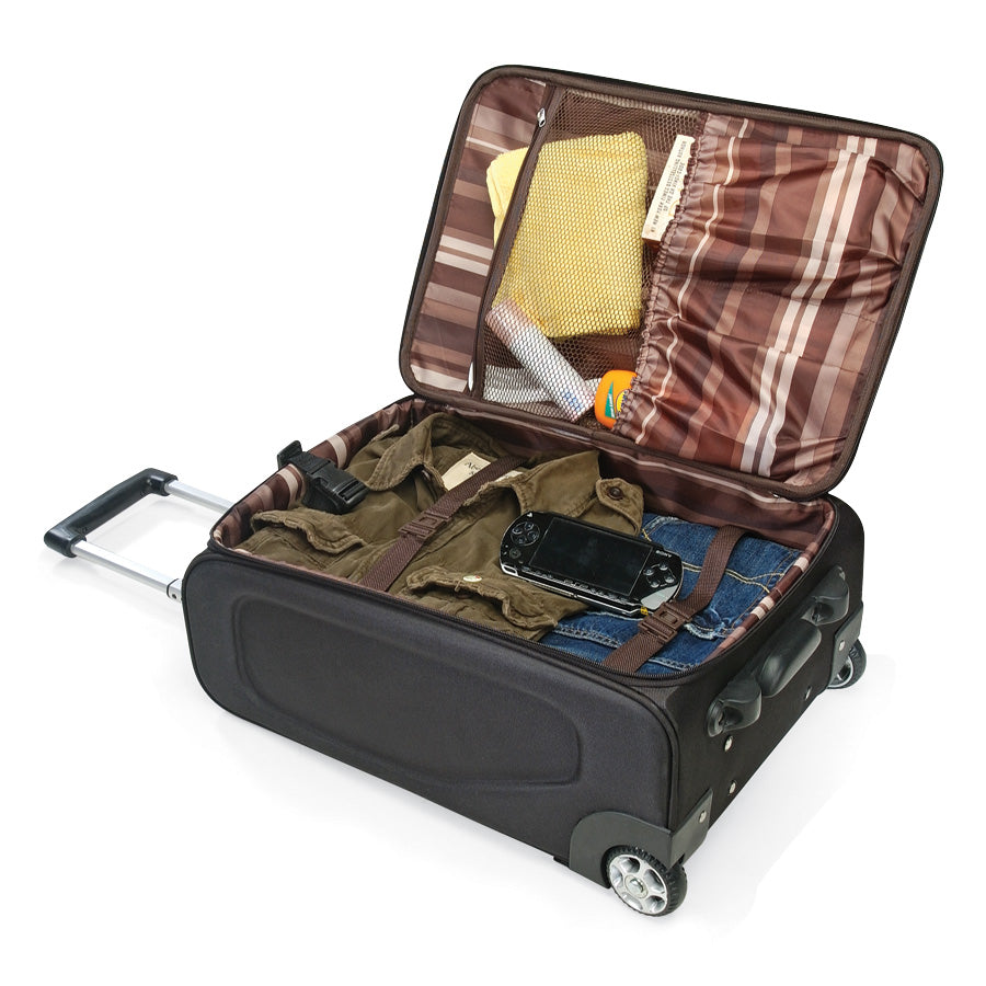 Black rolling / wheeled luggage with top handle and built in compartments