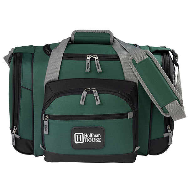 green duffel bags wih gray strip