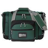 green duffel bags wih gray strip
