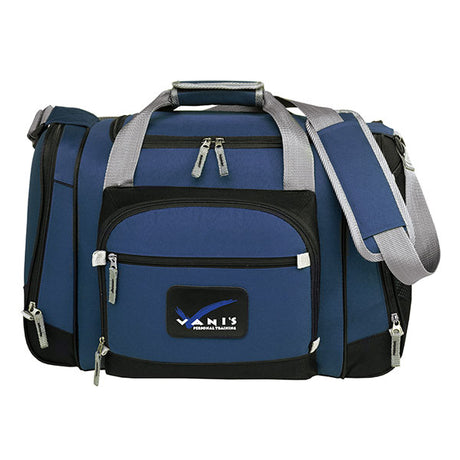 Blue with gray strip duffel bag USA