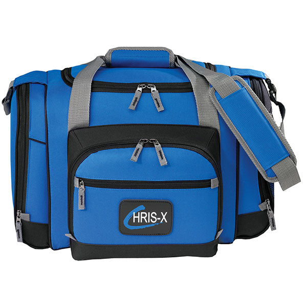 Blue duffel bag with gray straps 