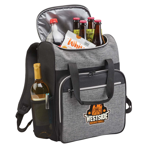 Gray and black insulated cooler bag with drinks and snacks