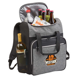 Gray and black insulated cooler bag with drinks and snacks