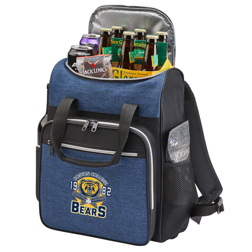 Blue cooler bag with bear logo containing drinks and snacks