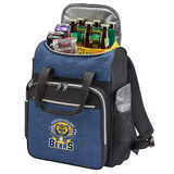 Blue cooler bag with bear logo containing drinks and snacks