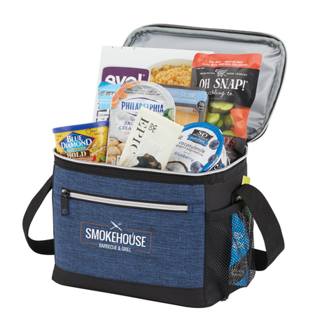 blue lunch cooler duffel bag with snacks items