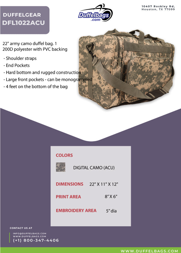 22" DuffelGear Army Camo Duffel Bag