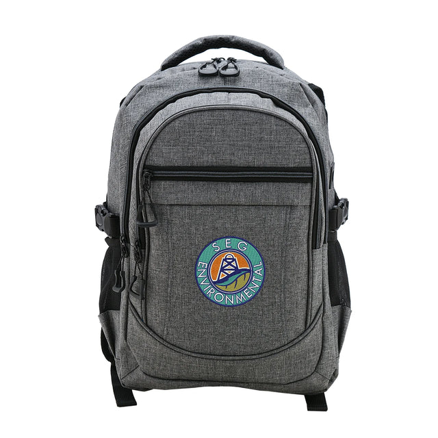 Gray backpack with charger port