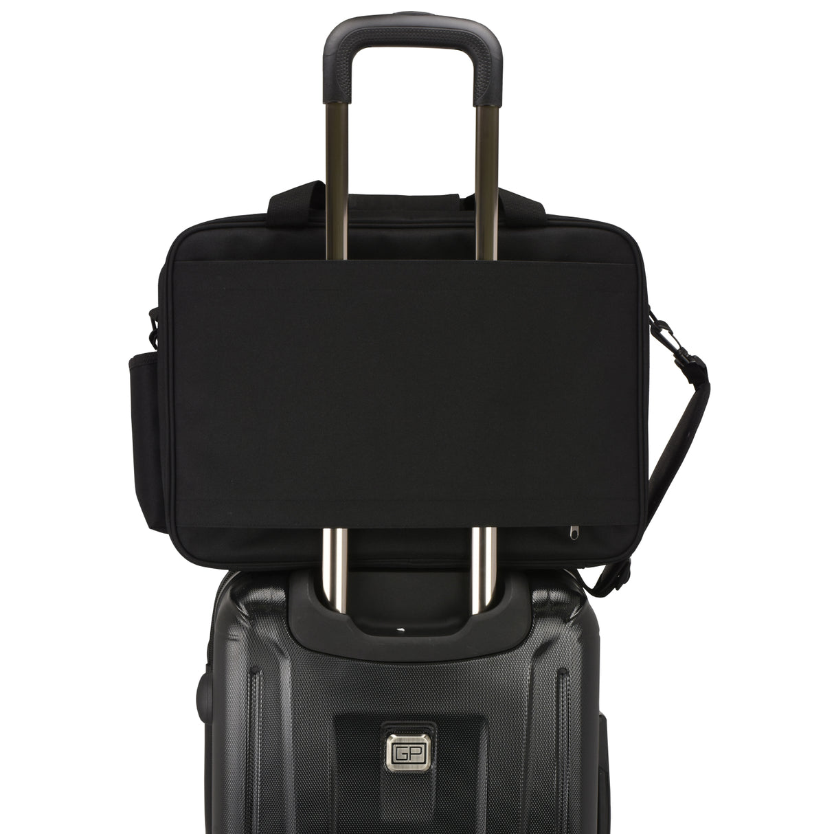 Black briefcase with top grab handle for office use