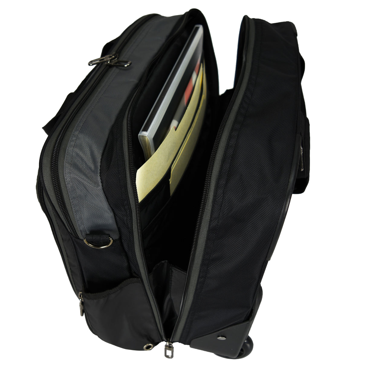 Black and gray rolling wheeled suitcase with compartments