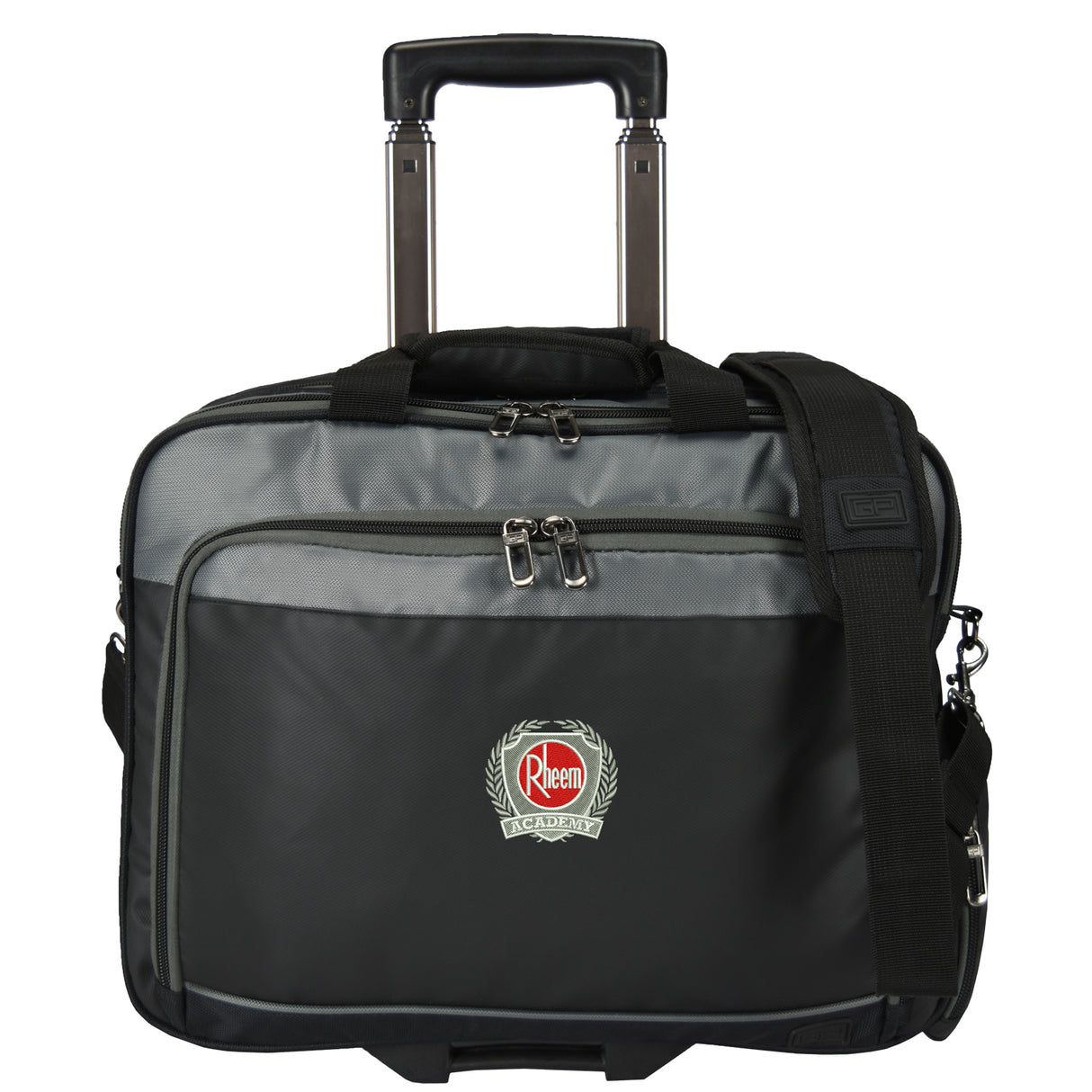 Black and gray rolling wheeled suitcase 