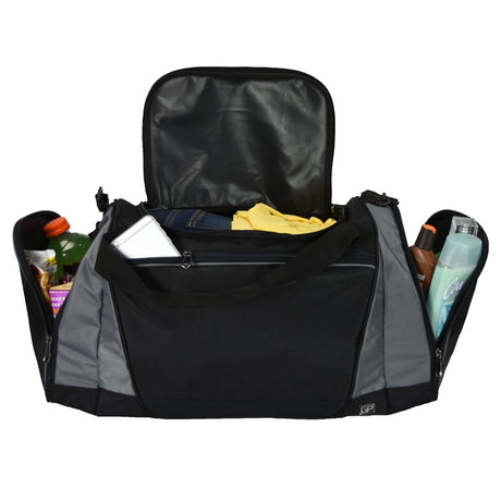 Black and gray duffel bag for gym built in compartments
