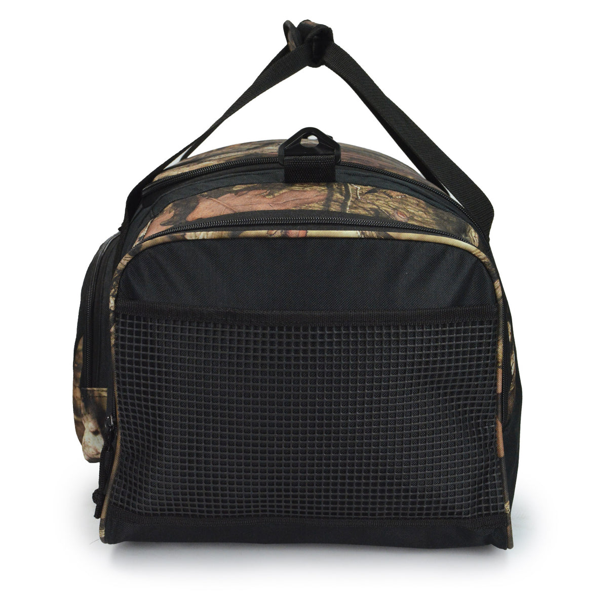 Camouflage brown large duffel bag side mesh pockets