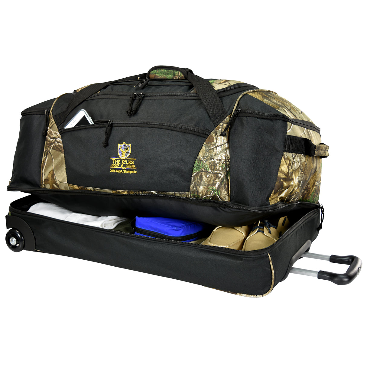 30 inch large wheeled duffel bag in black and camouflage