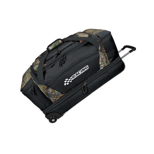 30 inch large wheeled duffel bag in black and camouflage 