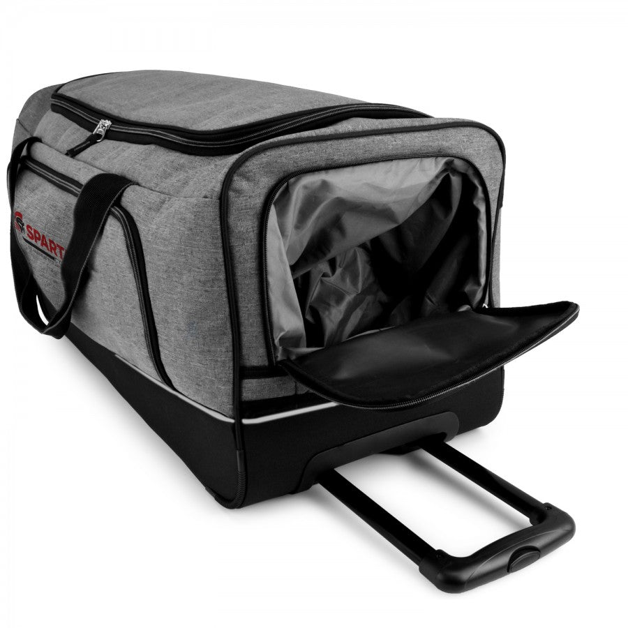 Gray wheeled travel duffel bag with compartments