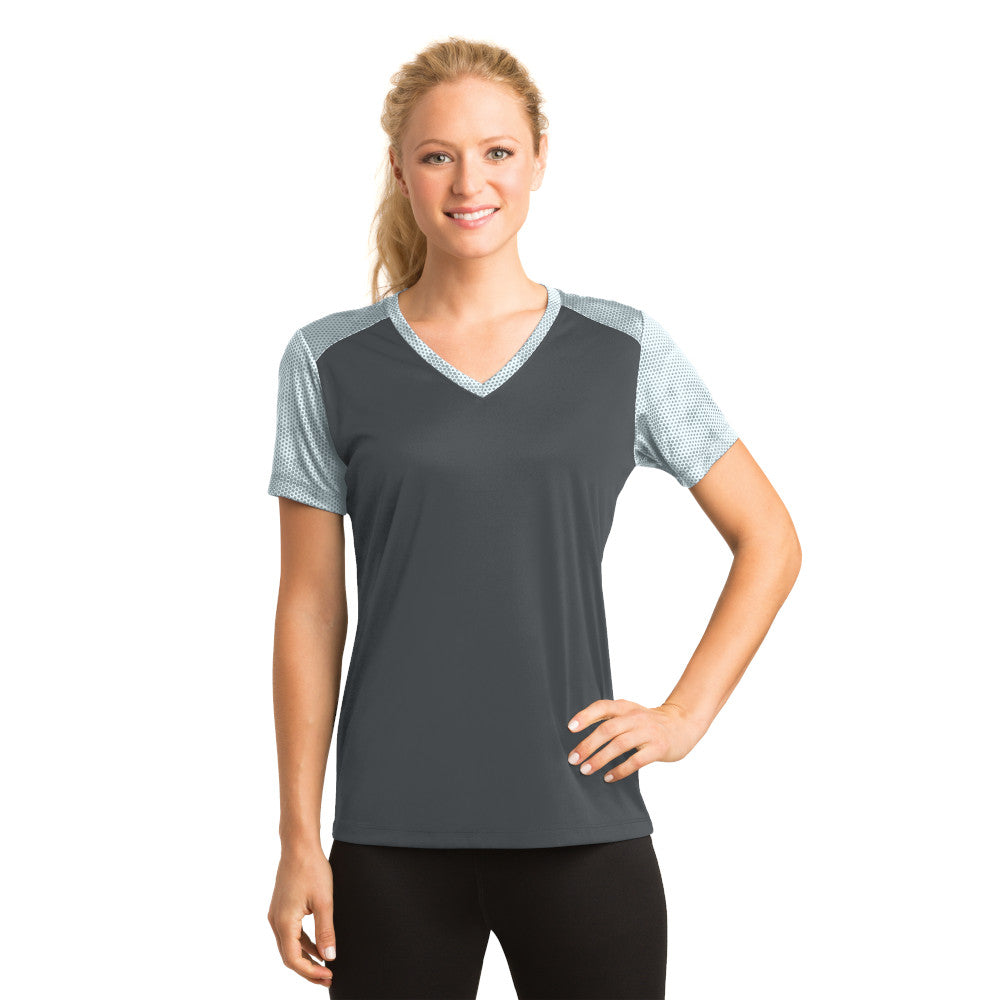 Sport-Tek® Ladies CamoHex Colorblock V-Neck Tee