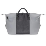 Gray and black duffel bag