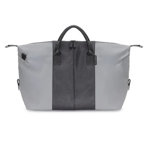Gray and black duffel bag