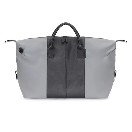 Gray and black duffel bag