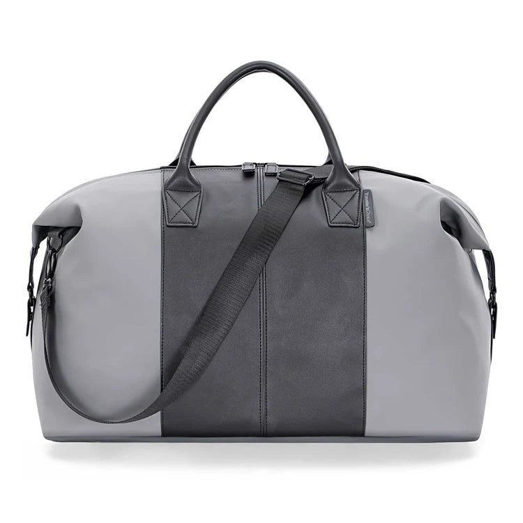 Gray and black duffel bag 