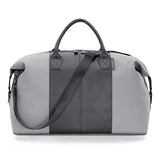 Gray and black duffel bag 