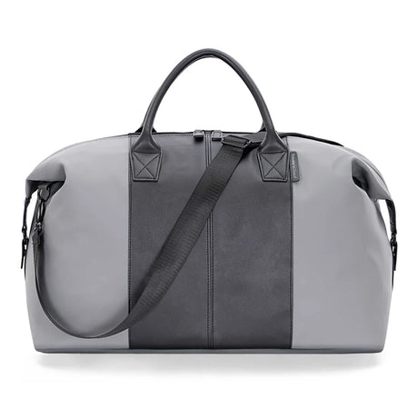 Gray and black duffel bag 