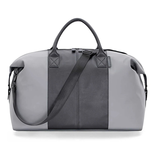 Gray and black duffel bag 