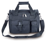 Black duffel bag with multiple zippers and straps