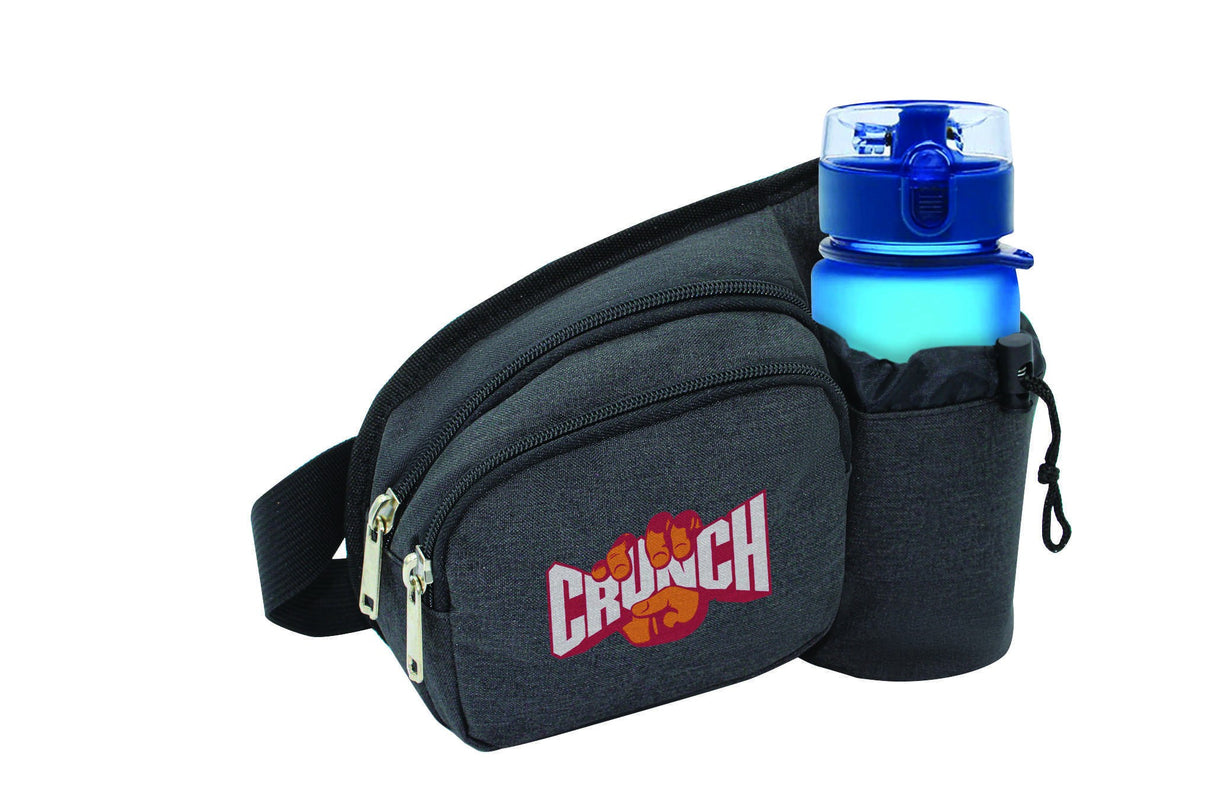 Heathered 2-zipper fanny pack w/ bottle holder